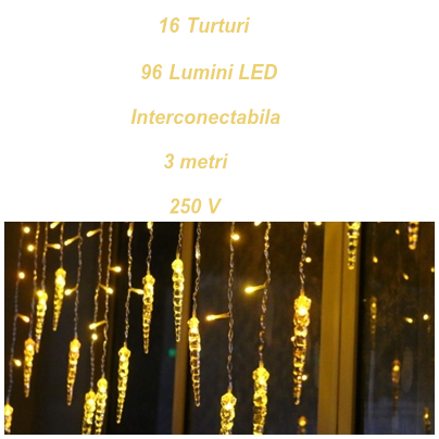 Instalatie luminoasa, pentru Craciun, perdea de lumini, sloi de gheata, turturi, interconectabila, 3 metri, alb cald
