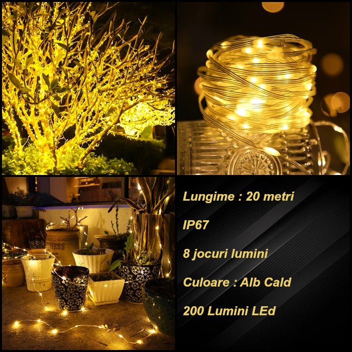 Instalatie pentru craciun, luminoasa, 20 metri, 200 leduri, pentru interior sau exterior, alb cald - BUZ.RO