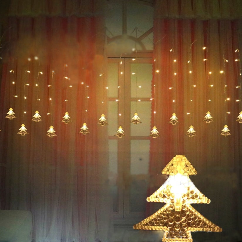 Instalatie pentru Craciun, perdea luminoasa, cu braduti, 3.5 metri, lumini LED, pentru interior, alb cald, buz