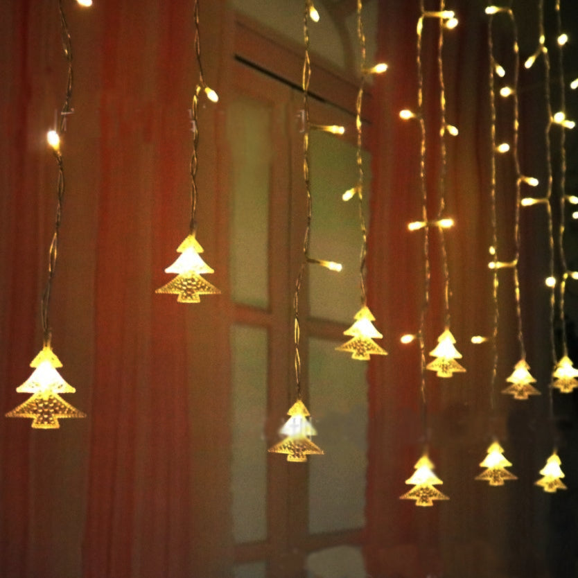 Instalatie pentru craciun, perdea luminoasa, cu braduti, 3.5 metri, lumini LED, pentru interior sau exterior, alb cald