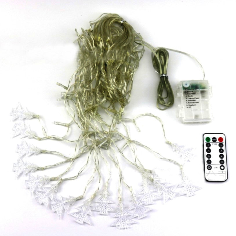 Instalatie pentru craciun, perdea luminoasa, cu braduti, 3.5 metri, lumini LED, pentru interior sau exterior, alb cald