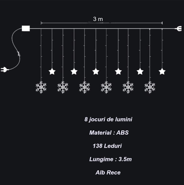 Instalatie Craciun, perdea luminoasa, cu fulgI, stele, alb rece , 3.5 metri, 8 jocuri de lumini, 220V, interconectabila