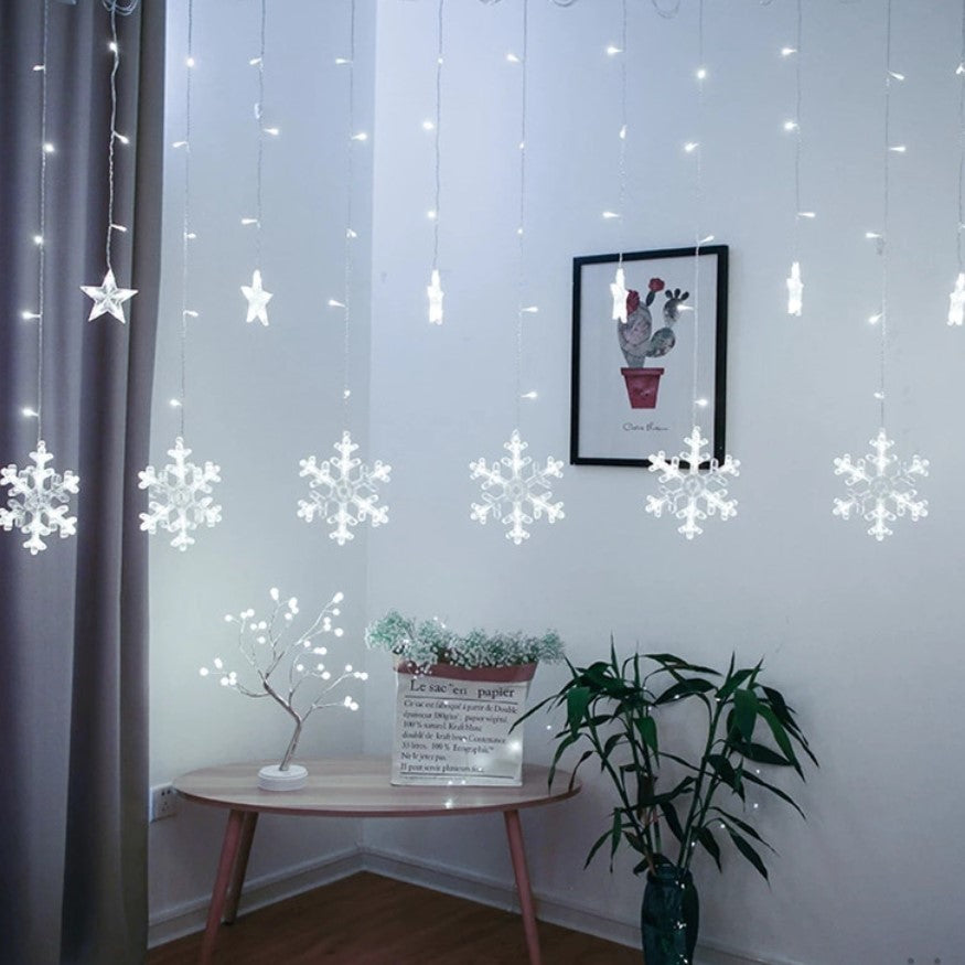 Instalatie Craciun, perdea luminoasa, cu fulgI, stele, alb rece , 3.5 metri, 8 jocuri de lumini, 220V, interconectabila