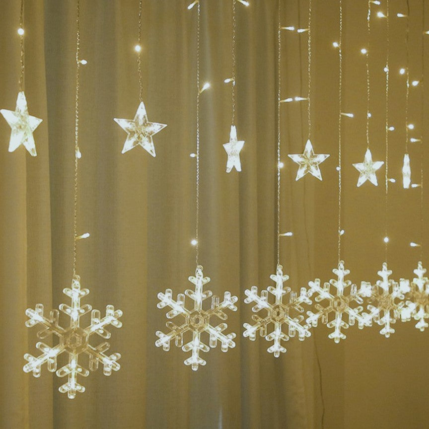 Instalatie Craciun, perdea luminoasa, cu fulgI, stele, alb rece , 3.5 metri, 8 jocuri de lumini, 220V, interconectabila