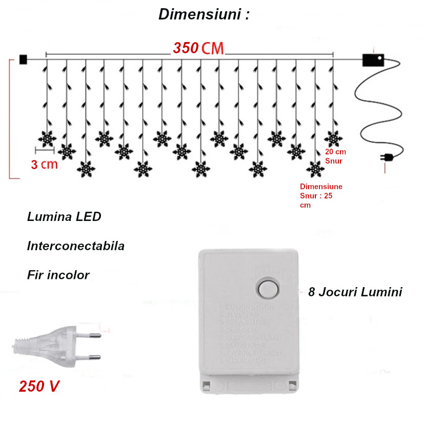 Instalatie craciun, ploaie de fulgi, instalatie perdea, 3.5 metri, lumini LED, interior, exterior, alb cald