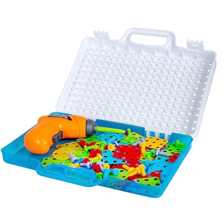 Joc de constructie, joc educativ, montessori, puzzle mozaic, suruburi, saibe, surubelnita electrica, albastru - BUZ.RO