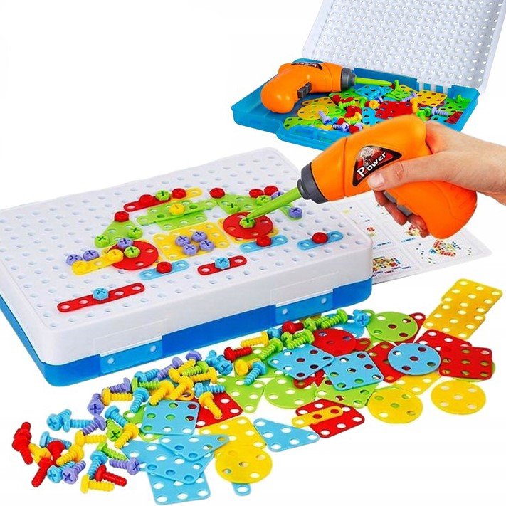 Joc de constructie, joc educativ, montessori, puzzle mozaic, suruburi, saibe, surubelnita electrica, albastru - BUZ.RO