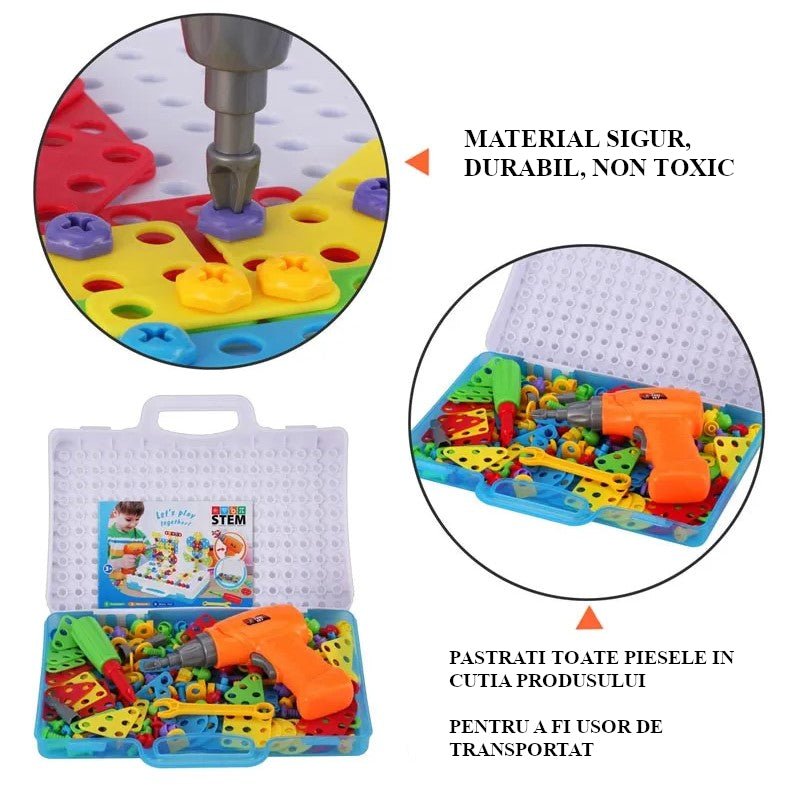 Joc de constructie, joc educativ, montessori, puzzle mozaic, suruburi, saibe, surubelnita electrica, albastru - BUZ.RO