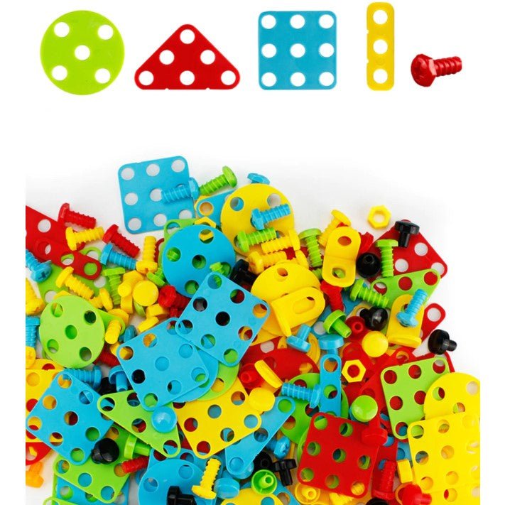 Joc de constructie, joc educativ, montessori, puzzle mozaic, suruburi, saibe, surubelnita electrica, albastru - BUZ.RO