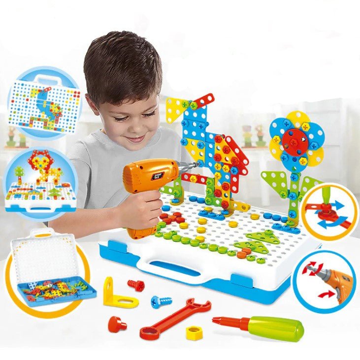 Joc de constructie, joc educativ, montessori, puzzle mozaic, suruburi, saibe, surubelnita electrica, albastru - BUZ.RO