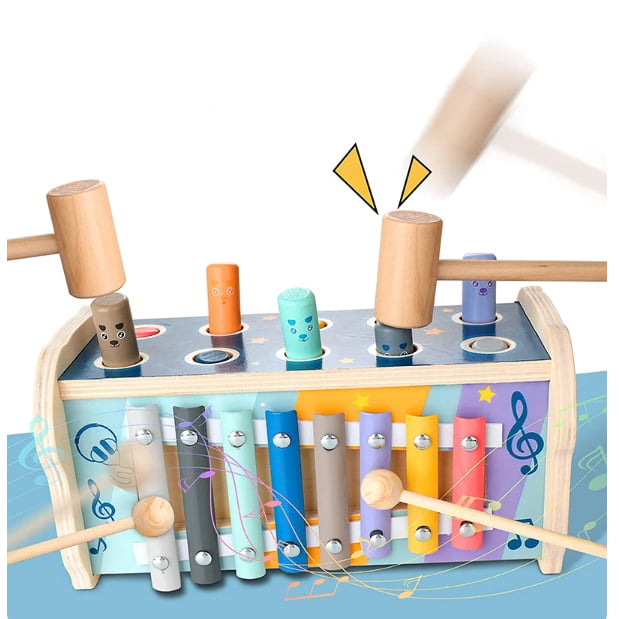 Joc motricitate, dexteritate, cu ciocanel, pian, joc de indemanare, pe roti, cu fir, din lemn, elefant