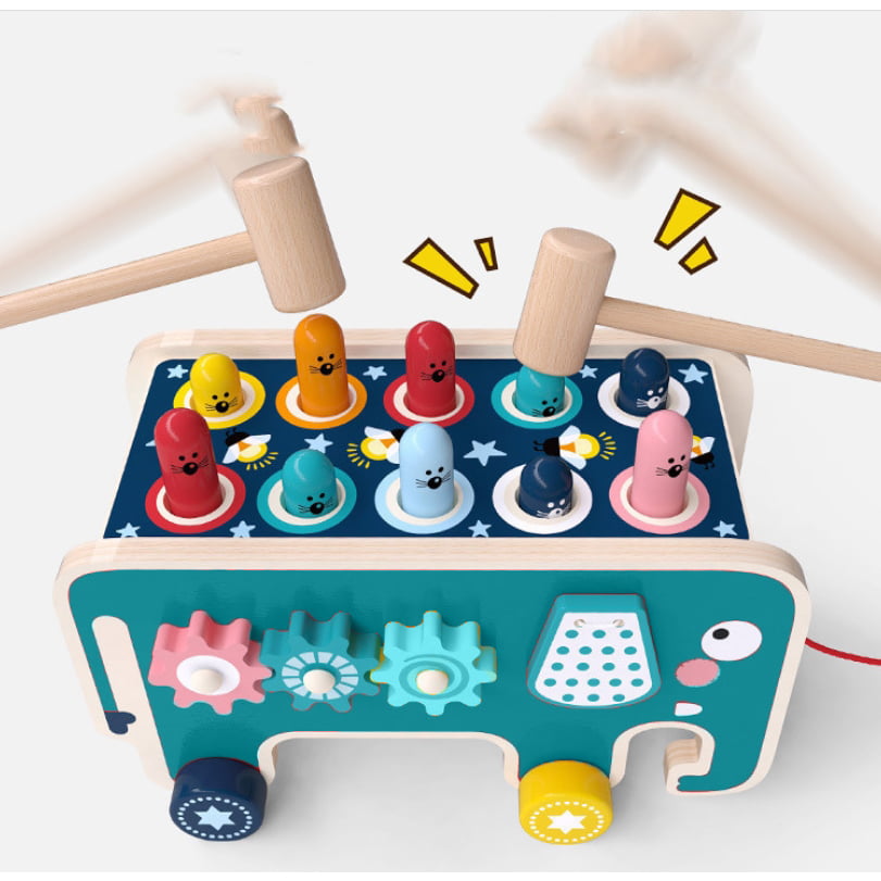 Joc motricitate, dexteritate, cu ciocanel, pian, joc de indemanare, pe roti, cu fir, din lemn, elefant