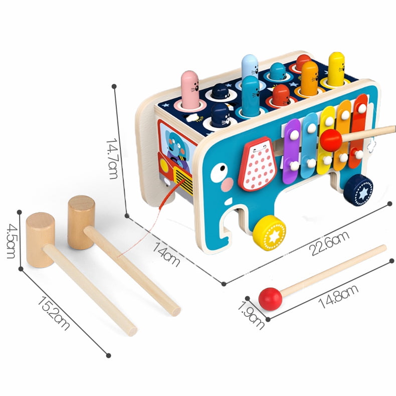 Joc motricitate, dexteritate, cu ciocanel, pian, joc de indemanare, pe roti, cu fir, din lemn, elefant