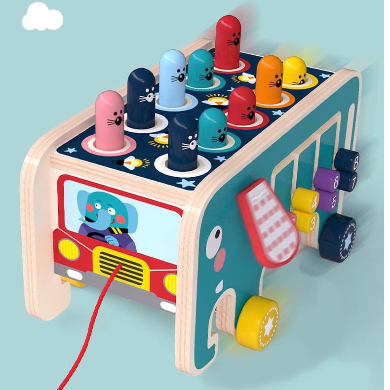 Joc motricitate, dexteritate, cu ciocanel, pian, joc de indemanare, pe roti, cu fir, din lemn, elefant