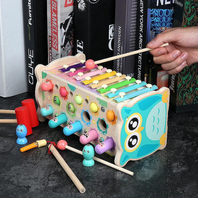 Joc de motricitate, dexteritate, ciocanel, undita, pian, joc de indemanare, din lemn, bufnita