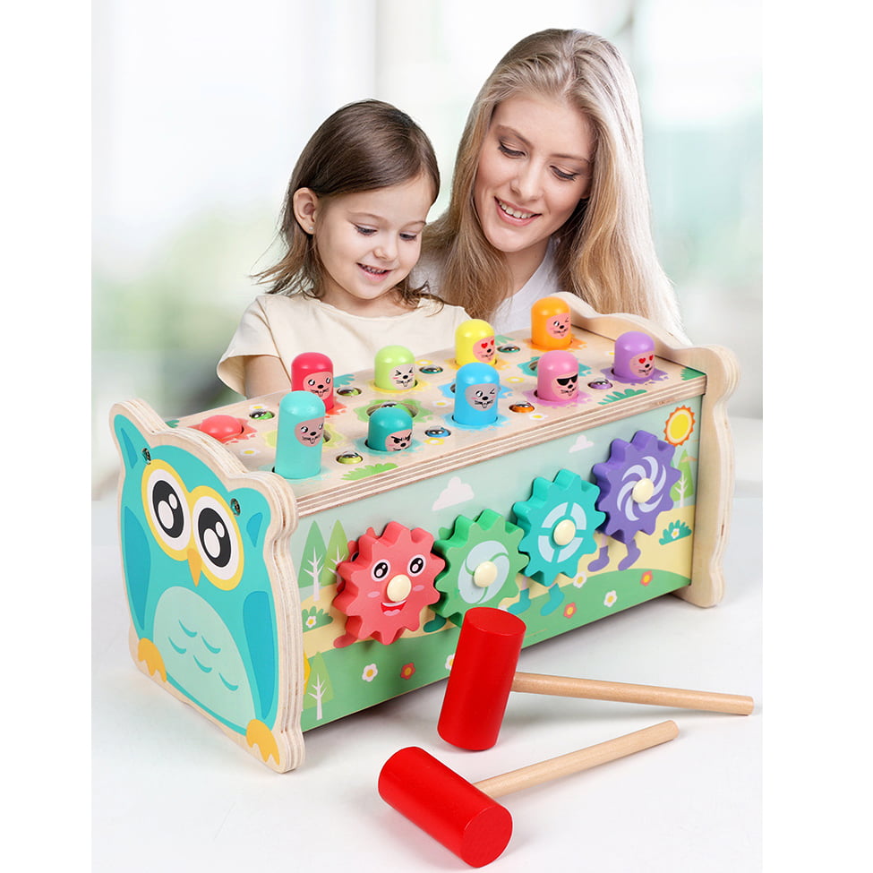 Joc de motricitate, dexteritate, ciocanel, undita, pian, joc de indemanare, din lemn, bufnita