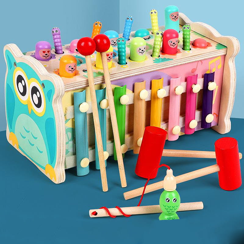 Joc de motricitate, dexteritate, ciocanel, undita, pian, joc de indemanare, din lemn, bufnita