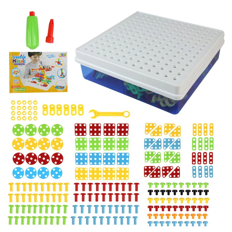 Joc educativ, de constructie, puzzle mozaic, montessori, cu suruburi, saibe, surubelnita electrica, 234 piese