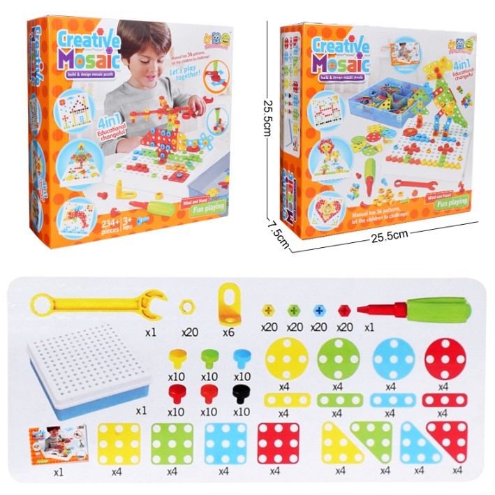 Joc educativ, de constructie, puzzle mozaic, montessori, cu suruburi, saibe, surubelnita electrica, 234 piese