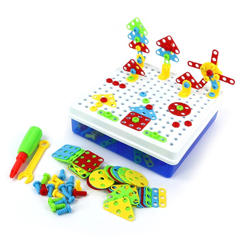 Joc educativ, de constructie, puzzle mozaic, montessori, cu suruburi, saibe, surubelnita electrica, 234 piese