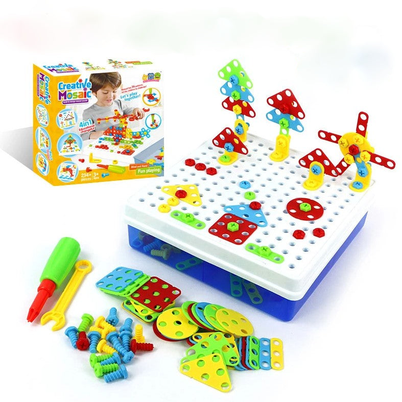 Joc educativ, de constructie, puzzle mozaic, montessori, cu suruburi, saibe, surubelnita electrica, 234 piese