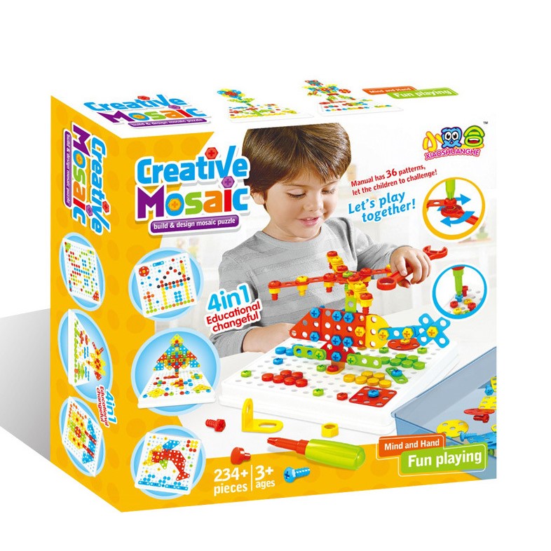 Joc educativ, de constructie, puzzle mozaic, montessori, cu suruburi, saibe, surubelnita electrica, 234 piese
