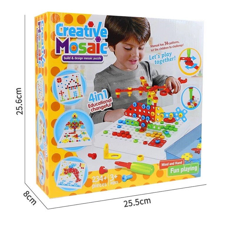 Joc educativ, de constructie, puzzle mozaic, montessori, cu suruburi, saibe, surubelnita electrica, 234 piese