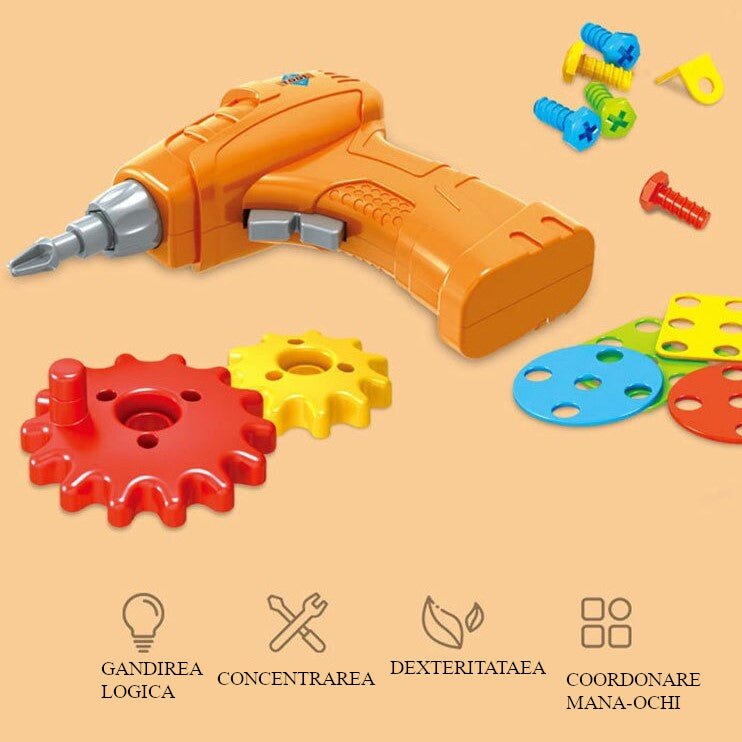 Joc educativ de constructie, Montessori, puzzle mozaic cu suruburi, saibe, surubelnita electrica, 276 piese - BUZ.RO