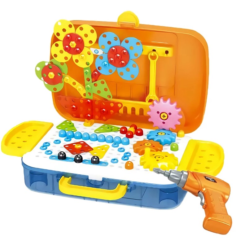 Joc educativ de constructie, Montessori, puzzle mozaic cu suruburi, saibe, surubelnita electrica, 276 piese