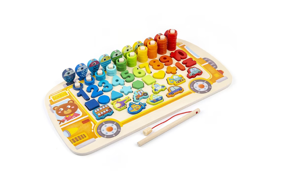 Joc educativ din lemn 6 in 1 logaritmic Montessori cu litere, cifre, forme geometrice si undita