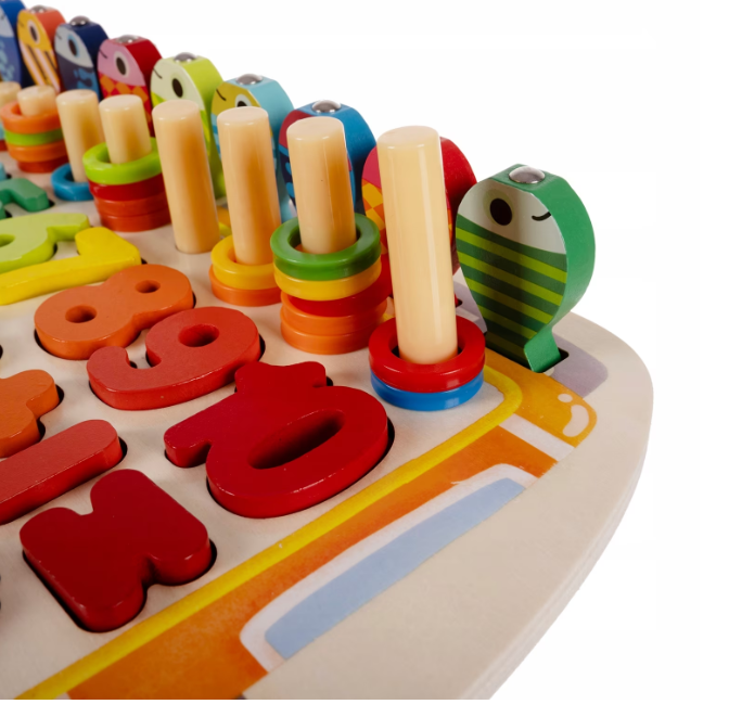 Joc educativ din lemn 6 in 1 logaritmic Montessori cu litere, cifre, forme geometrice si undita