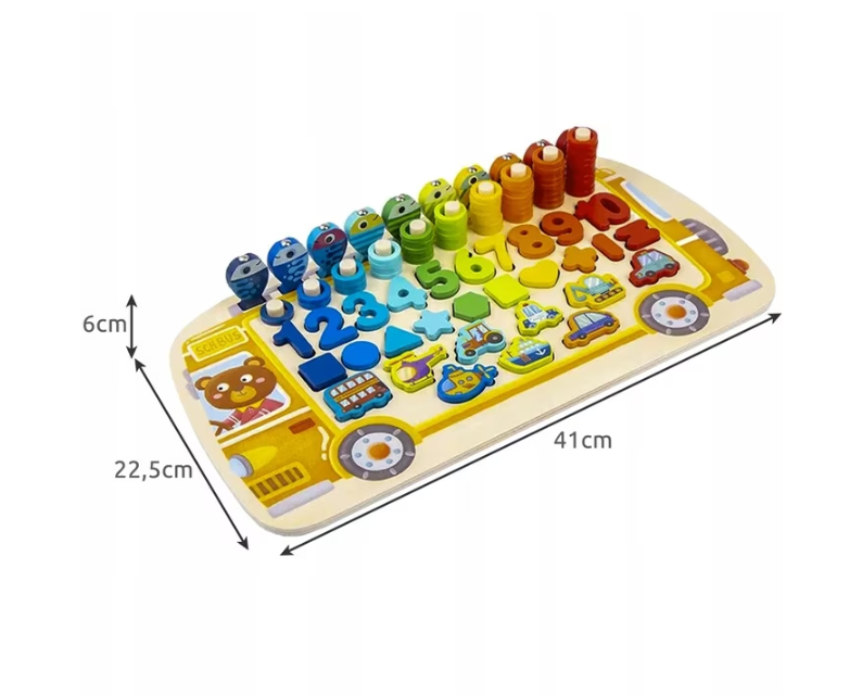 Joc educativ din lemn 6 in 1 logaritmic Montessori cu litere, cifre, forme geometrice si undita
