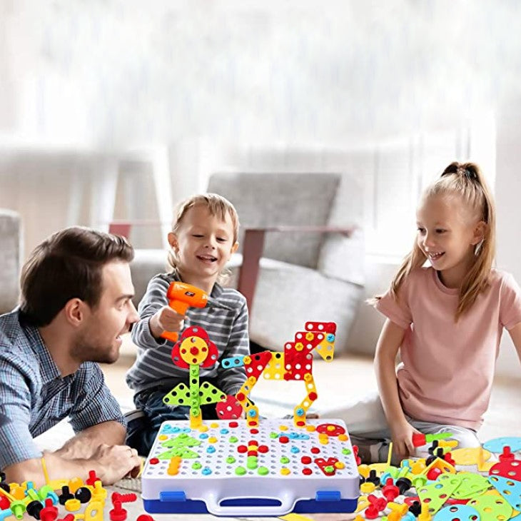 Joc de constructie, joc educativ, montessori, puzzle mozaic, suruburi, saibe, surubelnita electrica, albastru