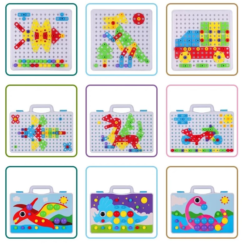 Joc de constructie, joc educativ, montessori, puzzle mozaic, suruburi, saibe, surubelnita electrica, albastru