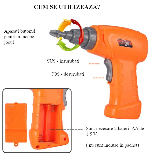 Joc de constructie, joc educativ, montessori, puzzle mozaic, suruburi, saibe, surubelnita electrica, albastru
