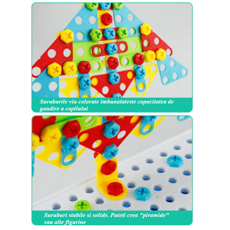 Joc de constructie, joc educativ, montessori, puzzle mozaic, suruburi, saibe, surubelnita electrica, albastru