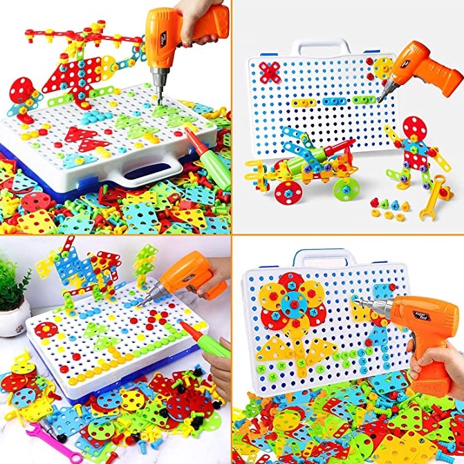 Joc de constructie, joc educativ, montessori, puzzle mozaic, suruburi, saibe, surubelnita electrica, albastru