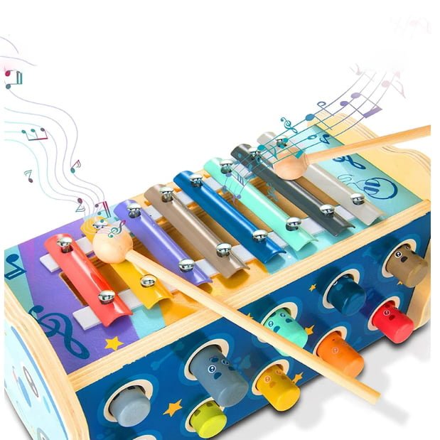 Joc motricitate, dexteritate, cu ciocanel, pian, joc de indemanare, pe roti, cu fir, din lemn, elefant - BUZ.RO