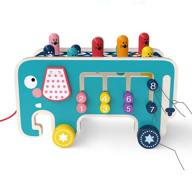 Joc motricitate, dexteritate, cu ciocanel, pian, joc de indemanare, pe roti, cu fir, din lemn, elefant - BUZ.RO