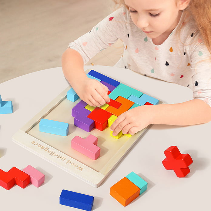 Joc tetris, puzzle lemn, wooden puzzle, 40 piese din lemn, 3D, educativ, dezvolta motricitatea, dexteritatea, 27cm x 18cm