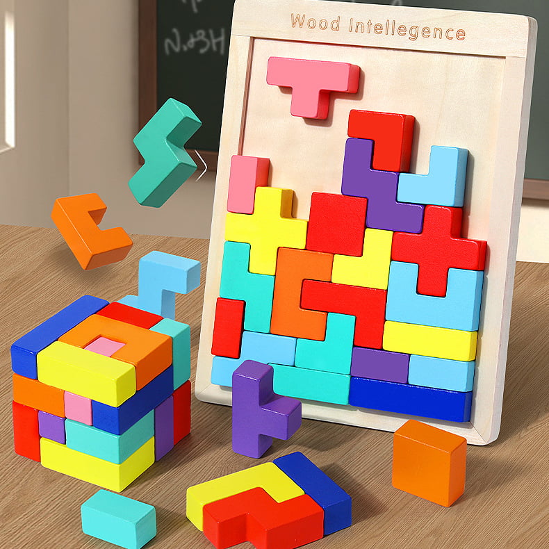 Joc tetris, puzzle lemn, wooden puzzle, 40 piese din lemn, 3D, educativ, dezvolta motricitatea, dexteritatea, 27cm x 18cm