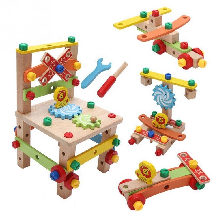 Jucarie din lemn educativa si interactiva, tip scaunel, multifunctional, Montessori, asociere, invatare prin joaca - BUZ.RO