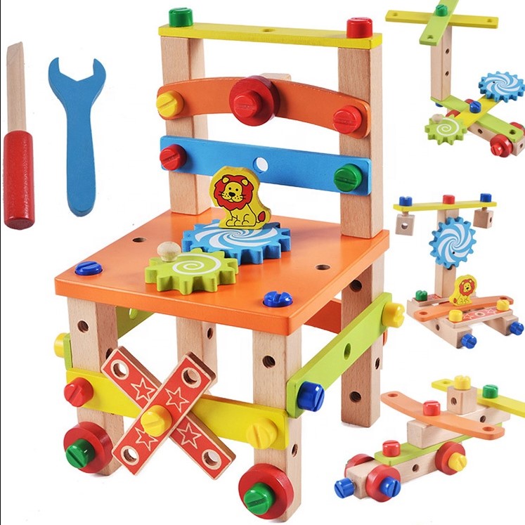 Jucarie din lemn educativa si interactiva, tip scaunel, multifunctional, Montessori, asociere, invatare prin joaca