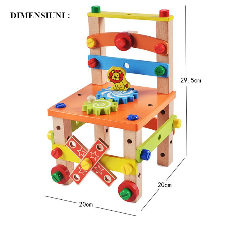 Jucarie din lemn educativa si interactiva, tip scaunel, multifunctional, Montessori, asociere, invatare prin joaca