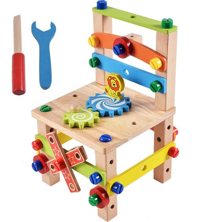 Jucarie din lemn educativa si interactiva, tip scaunel, multifunctional, Montessori, asociere, invatare prin joaca