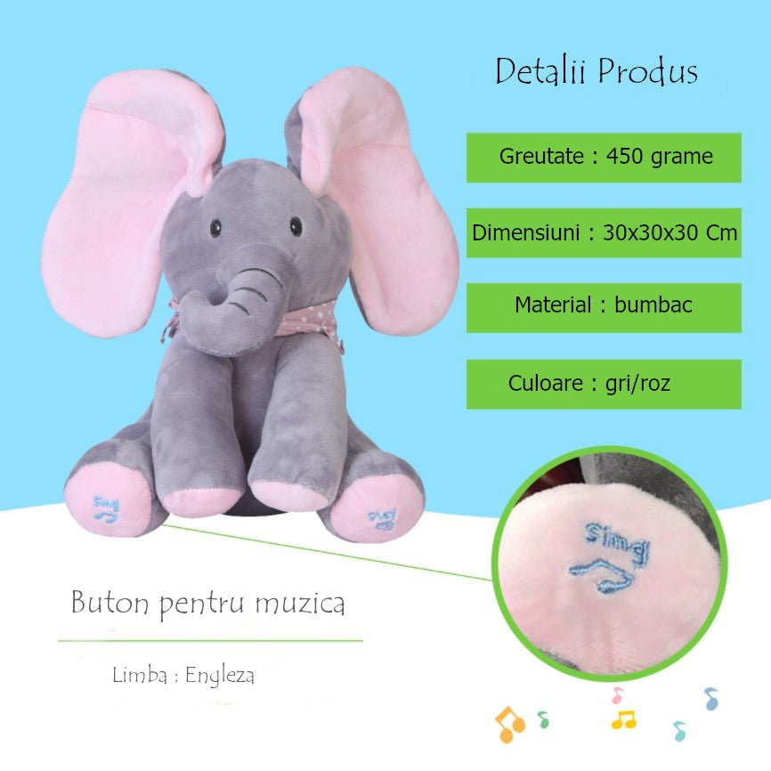 Jucarie interactiva elefant, peek a boo, canta si vorbeste, limba engleza, roz - BUZ.RO