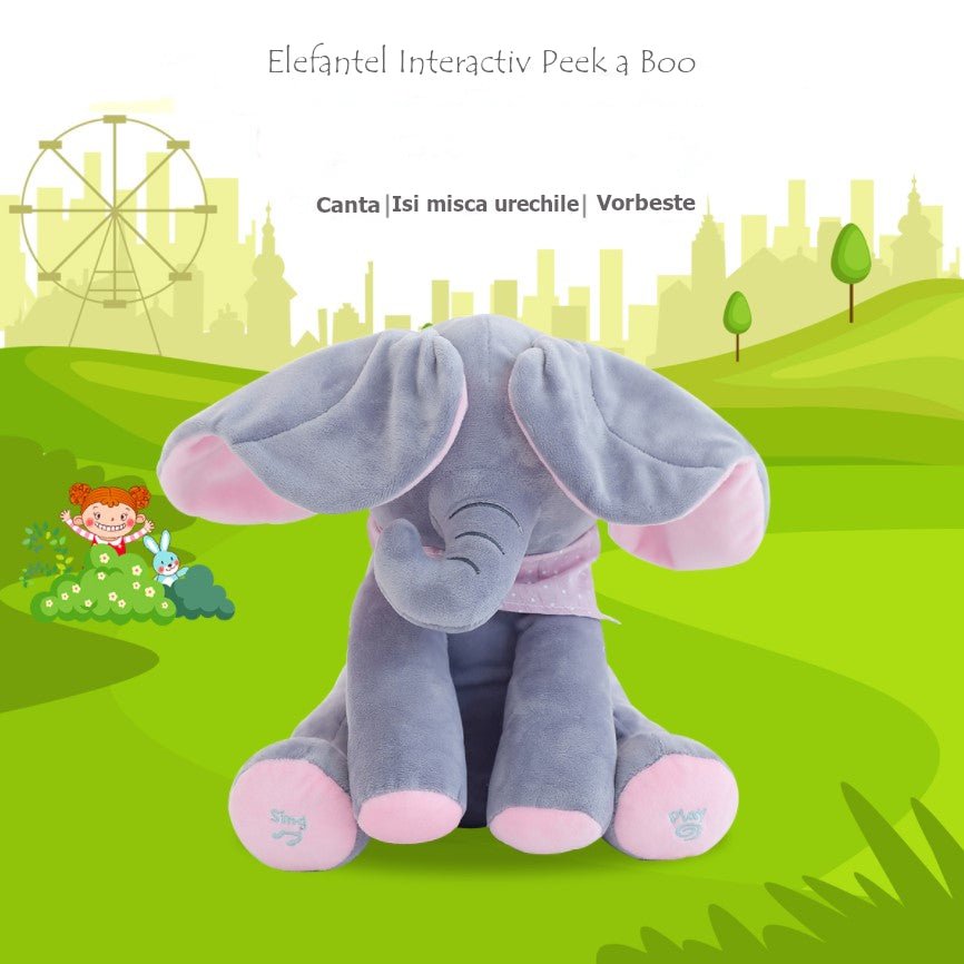 Jucarie interactiva elefant, peek a boo, canta si vorbeste, limba engleza, roz - BUZ.RO