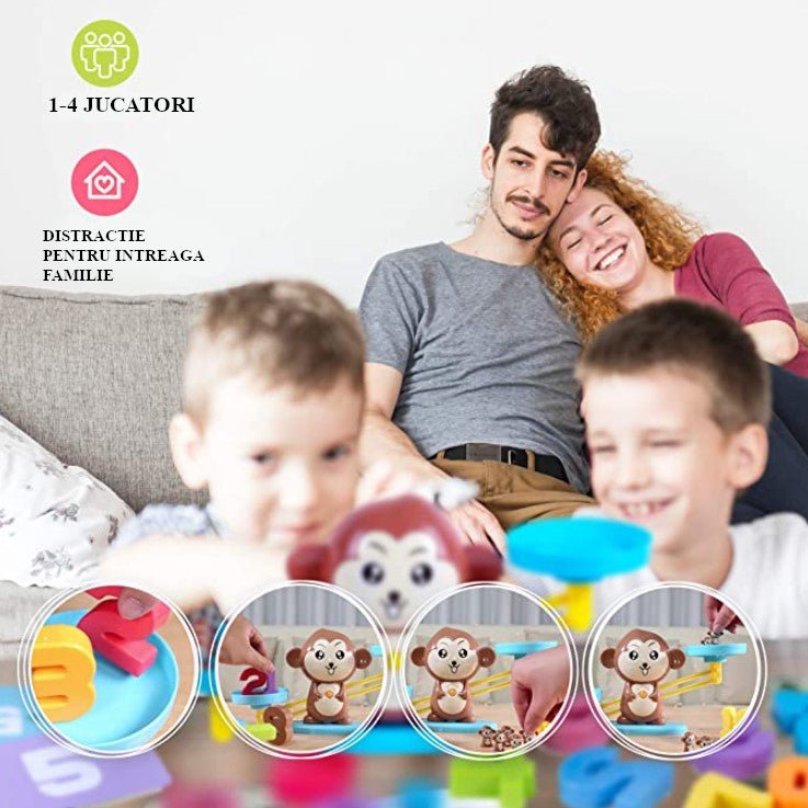 Jucarie interactiva, jocuri educative, forma maimuta, cu balanta, 65 piese, colorate - BUZ.RO