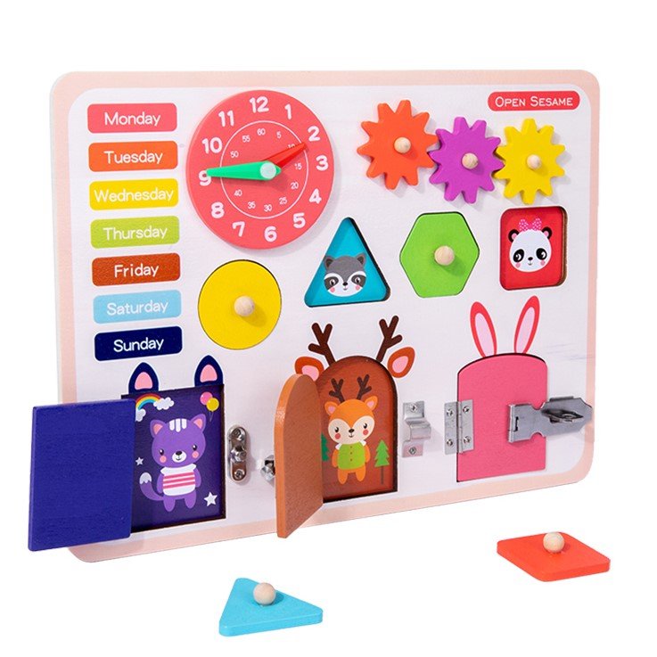 Jucarie interactiva, jocuri educative, jucarie copii, Montessori, placa senzoriala, activitati 5 in 1, cu incuietori, ceas, calendar - BUZ.RO