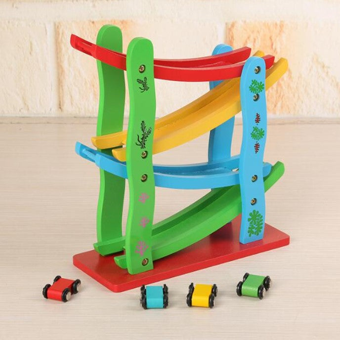 Jucarie interactiva si educativa din lemn Montessori, ansamblu cu masinute de raliu, cu 4 etaje